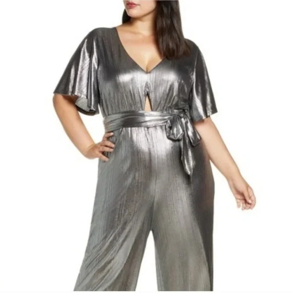 Refinery29 x ELOQUII disco hipster Party Silver Metallic V-Neck Jumpsuit R29 14 - Picture 5 of 16
